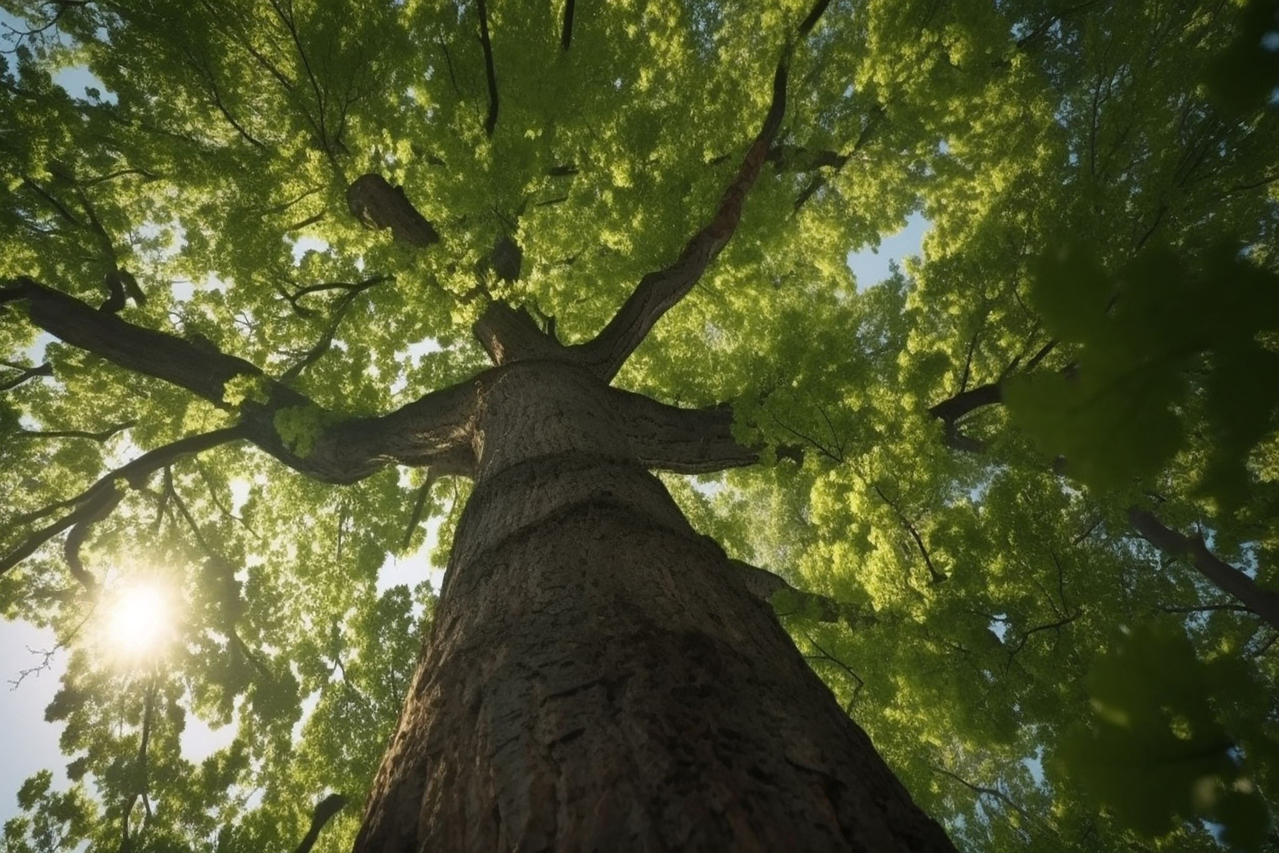 A low-angle view looking up at a tall tree with a thick trunk and vibrant green leaves, sunlight filtering through the dense canopy above.