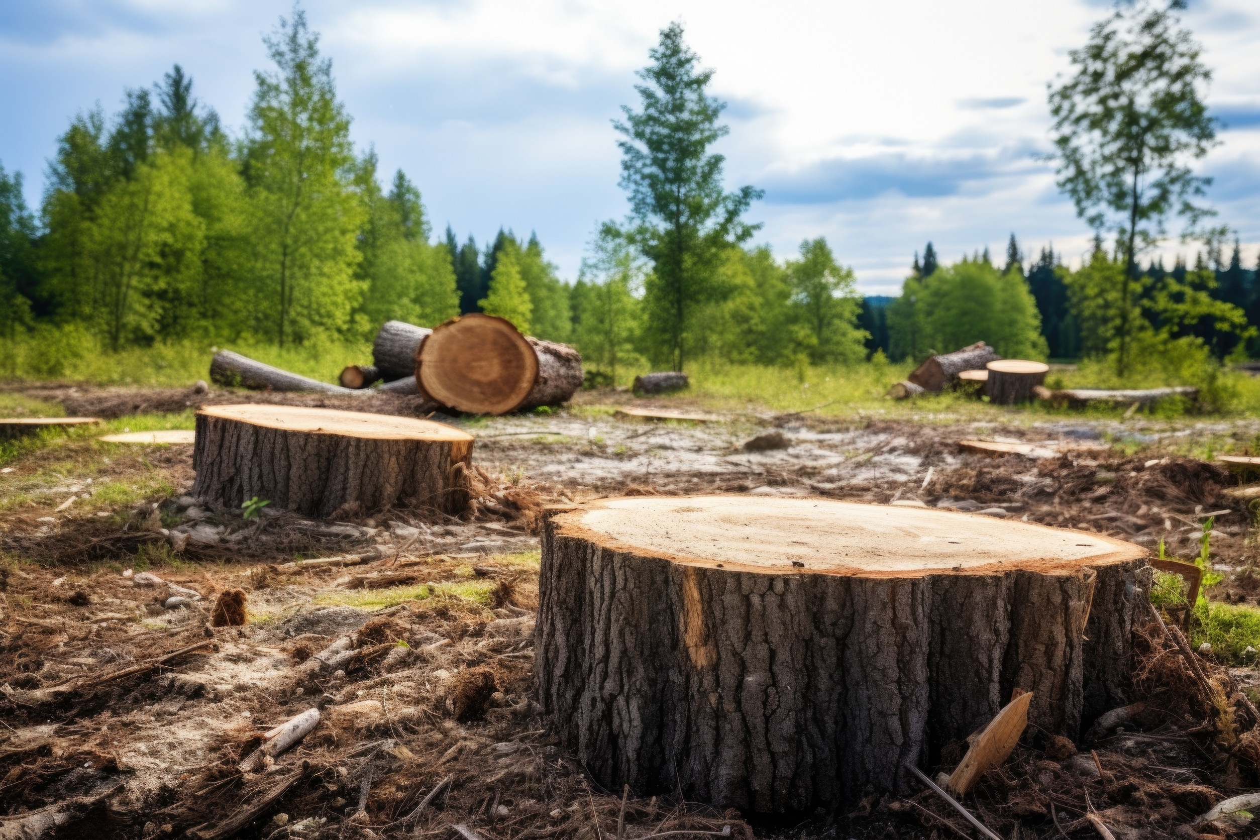 Large tree stumps in a clearing, with cut logs and green trees in the background, suggesting recent deforestation or logging activity under a partly cloudy sky.