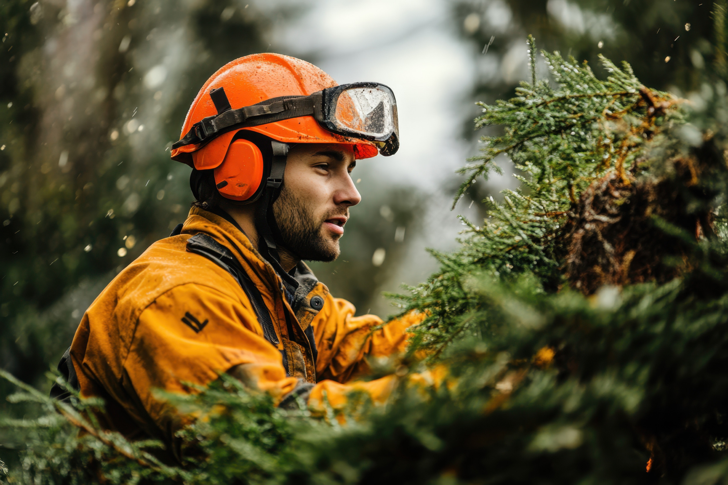 A man wearing an orange helmet, ear protection, and a yellow jacket works outdoors, handling green tree branches amid falling debris or sawdust, suggesting forestry or logging activity.