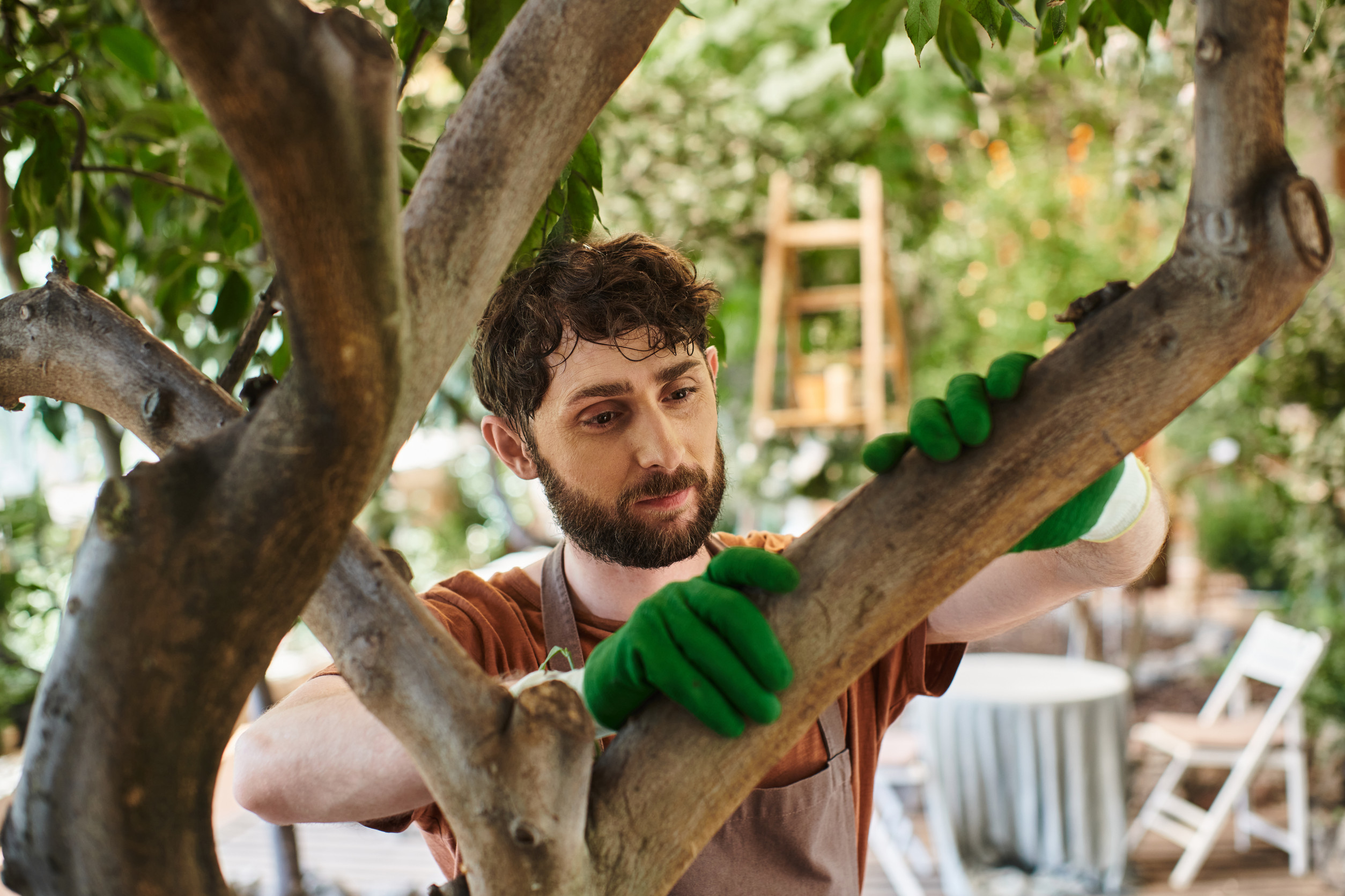A man wearing green gloves trims or examines a tree branch in a garden or outdoor setting, with tables, chairs, and a wooden ladder visible in the blurred background.